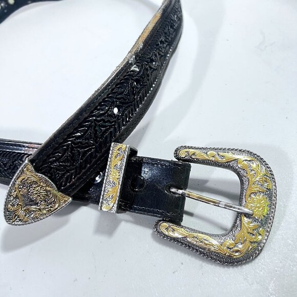 Vtg Western Tooled Leather Belt Silver & Gold Star Conchos Black Sz 38 Unisex - Picture 2 of 14